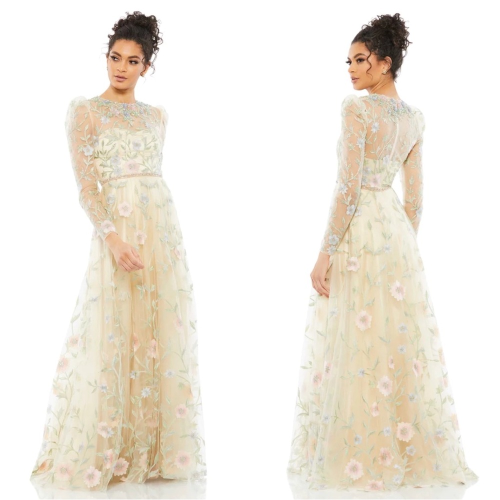 Mac Duggal 11226 Floral Print Butterfly Sleeve Flowy Gown Size 4 NWT Nude